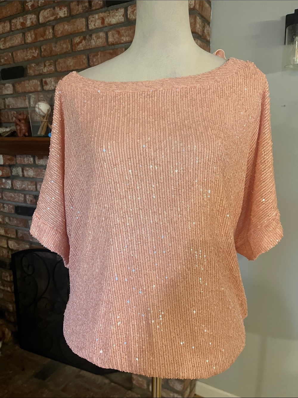 Trina Turk Peach Sequin Short Sleeve Ribbed Knit Top